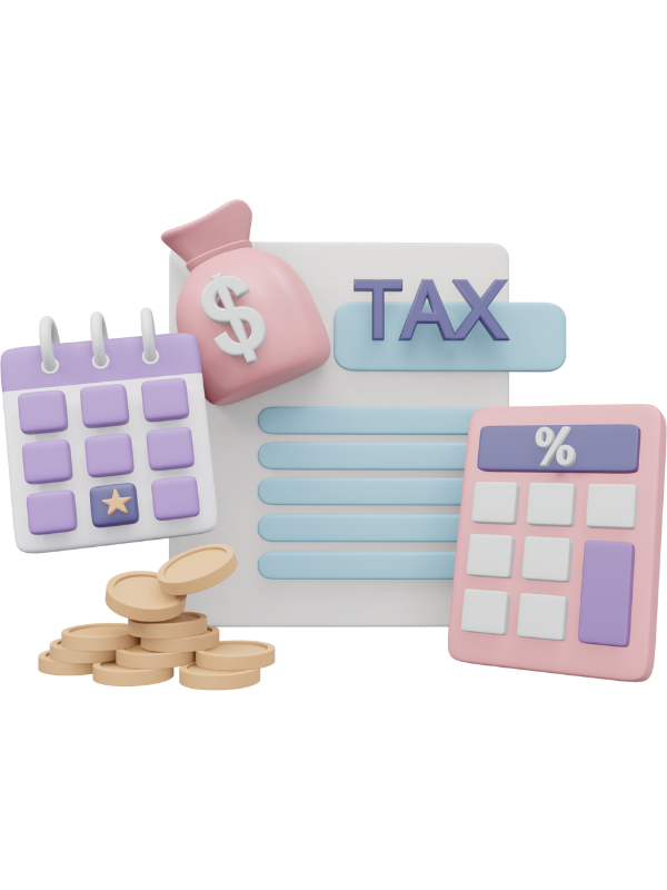 Illustration of tax-related items including a calendar, money bag, tax form, coins, and calculator.